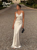 Solid Color Satin Bustier Women Maxi Dress Yellow Spaghetti Strap V Neck Waist-cinching Dresses Party Vestidos