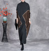 Woman Autumn Mock Neck Loose Long Sleeves Dress Chinese Style Contrast Batwing Sleeve Casual Dress