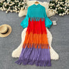 Tassel Patchwok Color Block Dress for Women Pleated Puff Sleeve Mid-calf Dresses Female Autumn