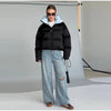Solid Hooded Cropped Puffer Jacket Women Stand Collar Snap Button Loose Long Sleeve Jackets Winter Casual Warm Padded Coat