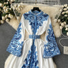 Retro Court Style Printed Dress Women Autumn Winter Flared Sleeve Vintage Long Dresses Ladies Slim Autumn Winter Long Robe
