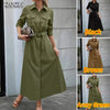 Women Autumn Cargo Maxi Long Dresses Casual Long Sleeve Pockets Belted Collared Shirt Dress Commuting Workwear S-3XL