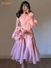 Women's Irregular Pleated Patchwork Long Flare Sleeve Waist Cinching Midi Dresses Female Clothing