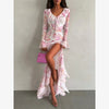 V-neck Organza Floral Chiffon Puff Sleeve Slit Long Dress Bodycon High Slit Bodycon Sexy Dresses Lady Chic Daily Sweet Date Robe