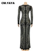 Women Long Sleeve V-neck Rhinestones Slit Back Crystal Bodycon Maxi Dress Sexy Club Party Pencil Evening Long Dress