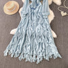 Retro Elegant V-neck ruffle lace-up pleated long sleeve A-line Casual High Waist Dress Women Autumn Dress