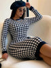 Houndstooth Print Women Long Sleeve Midi Dress Hollow Out Bodycon Sexy Streetwear Autumn Winter Club Elegant Slim