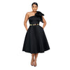 Women Big Bow Shoulder Skew Collar Big Swing Knee Length Dress Belt Street Vestidos Sexy Party Evening Chic Dresse