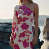 Rose Printed Satin Dress Womens Elegant High Waist Boho Maxi Dress Sexy One Shoulder Long Sleeve Women Party Dresses