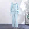 Elegant Woolen Top Pants Women Sets Chic Long Sleeve Slash Neck Pleated Blouse Straight Trousers Autumn Winter Lady Suit