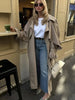 Khaki Lace Up Cape Trench Coat Loose Solid Full Sleeve Lapel Windbreaker Autumn Commute Casual Daily Coats