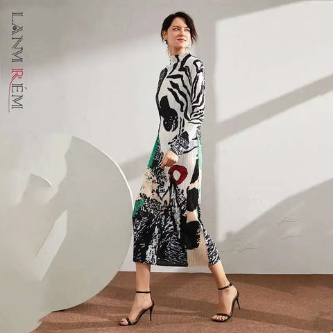 Spring Stand Collar Print Color Block Long Pleated Dress Women Vintage Slim Was Thin Elegant Dresses PD789