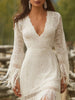 Elegant Vintage Women's Boho Tassel Dress White Lace V Neck Fringe Sleeve Autumn Party Dress Wedding Guest Maxi Dresses