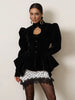 Women's Black Velvet Peplum Blouse Coat Cutout Puff Sleeve Button Front Elegant Party Long Sleeve Top Lady Outerwears