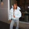 Casual Women's Glossy Hooded Cotton Coats Puffy Stand Collar Zipper Long Sleeve Warm Jackets Winter Lady Down Jacket
