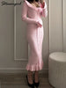 Brown Knitted Dresses For Women Maxi Elegant Trumpet Sleeves Knit Fishtail Dresses Women Long Ruffled Dresses Maxi