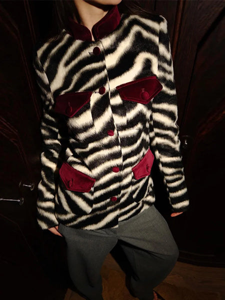 Zebra Striped Faux Fur Jacket Women Stand Collar Burgundy Velvet Patch Pocket Single Breasted Coat Autumn Street Jackets