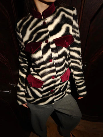 Zebra Striped Faux Fur Jacket Women Stand Collar Burgundy Velvet Patch Pocket Single Breasted Coat Autumn Street Jackets