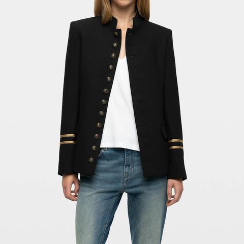 M591 Pocket Black Women Suit Autumn Winter Long Sleeve Stripe Button Femme Jacket Classic Casual Lady Top