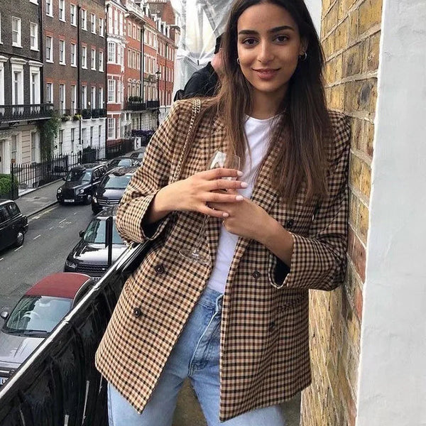 Elegant Plaid Long Sleeve Blazers Women Double Breasted Office Suit Jacket Woman Casual Turn Down Collar Outwear Lady