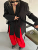 Contrast Color Ribbon Blazer Women's Notched Collar Loose Single Button Long Sleeves Split Suit Jacket