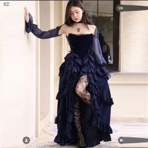 YZ Elegant Dark Blue Gothic Evening Dress Velvet Sheer Long Sleeves High Low Ruffle Skirt Formal Party Gown For Women Customized