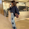 Y2K Women's Diamond Star Blue Jeans High Waist Pockets Zipper Wide Leg Denim Pant Summer Autumn Lady Street All-match Pants