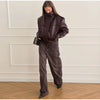 Women Leather Bomber Jackets Coats With Belt Notched Shoulder Pads Motorcycle Street Chic Short Outwear Solid Lace Up