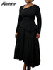 Patchwork Pleated A-Line Mid Dress for Women Long Sleeve Diagonal Collar Office Dresses Female Vacation African Robe