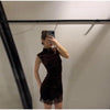 Elegant Lace Patchwork Short Dress Women See Through High Collar Flare Sleeve Party Dresses Autumn Lady Evening Robes