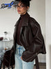 Retro Solid Lace Up Leather Short Jackets Women Chic Lapel V-neck Waist Cinching Cropped Jackets Lady Daily High Street Outwear