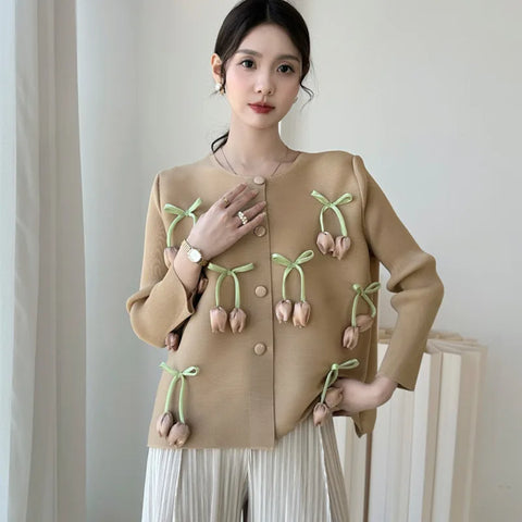 Design Bowknot Flower Women's Pleated Shirt Coat O-neck Elastic Loose Long Sleeve Sweet Temperament Chic Top