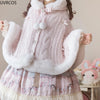 Japanese Kawaii Lolita Style Plush Hooded Poncho Coat Women Sweet Warm Knitted Bow Short Jackets Vintage Elegant Cloak Outerwear