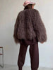 Brown Faux Fur Coat Women's Round Neck Loose Long Sleeves Thick Plush Short Jacket Winter 7A1041