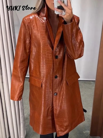 Street Croc Embossed Long Faux Leather Jacket Women Lapel Single Breasted Full Sleeve Jackets Autumn Vintage Lady Outwear
