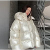 Shiny Hooded Cotton Jacket For Women Solid Long Sleeve Zipper Pockets Coats Lady Winter Street Warm Chic Outerwear