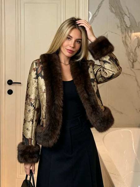 Women Vintage Floral Jacquard Short Jacket Faux‑fur Trim V‑neck Long Sleeve Coat Autumn Winter Lady Daily Outfits
