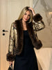 Women Vintage Floral Jacquard Short Jacket Faux‑fur Trim V‑neck Long Sleeve Coat Autumn Winter Lady Daily Outfits