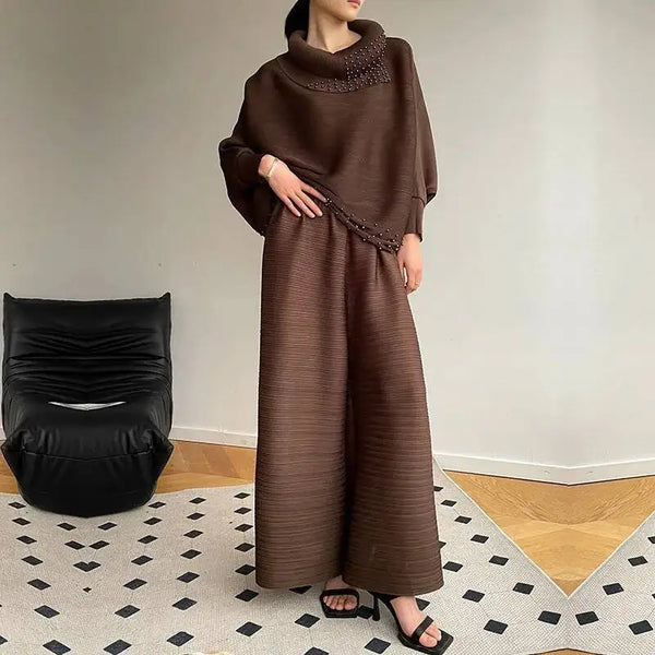 2 Pieces Sets For Women Beading Loose Shirts With Wide Leg Pants Female Elegant Clothing Spring Autumn 2DB2230