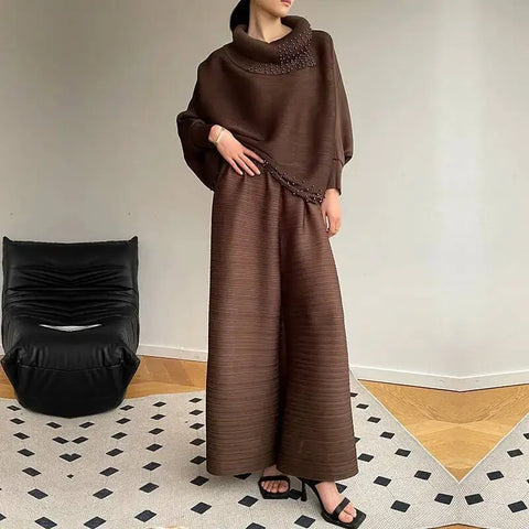 2 Pieces Sets For Women Beading Loose Shirts With Wide Leg Pants Female Elegant Clothing Spring Autumn 2DB2230