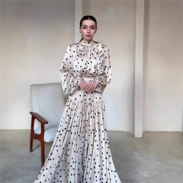 Spring Autumn Casual White Polka Dot Dress Women's Elegant Loose Satin Long Sleeve Midi Dress