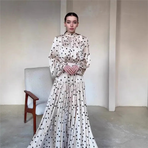 Spring Autumn Casual White Polka Dot Dress Women's Elegant Loose Satin Long Sleeve Midi Dress