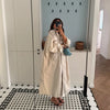 Women Casual Long Trench Coat with Lapel Collar Single-Breasted Batwing Sleeves Windbreaker Streetwear Oversized Outerwear