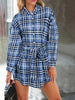 Women Plaid Shirt Dress Elastic High Waist Tie Waist Loose Button Down Shirt Dress Casual Oversized Plaid Blouse