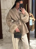 Elegant Lace Up Woolen Short Coat Solid Lapel Fur Cuffs Belt Long Sleeve Jacket Female Autumn Winter Lady Chic Cardigan