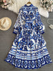 Spring Autumn Retro Palace Long Sleeved Standing Neck Waist Slim Appearance Single woman Breasted A-line Celadon Print Dress