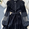 French Vintage Lace Embroidery Patchwork Velvet Dress Women Long Lantern Sleeve Pearl Buttons Lace Up Wedding Party Prom Vestido