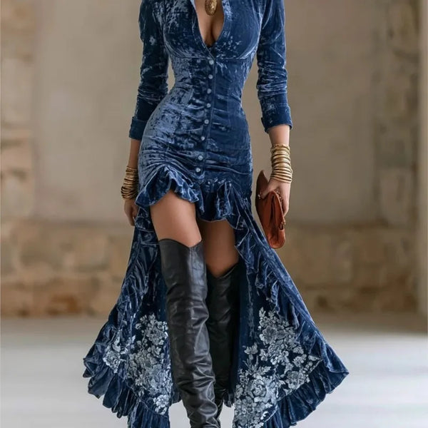 Women Deep V Neck Long Sleeve Velvet Dress Autumn Swing Pleated Long Dress Autumn Long Sleeve Elegant Party Dresses