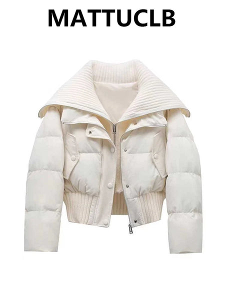 Autumn Winter Women Fake Two Pieces Padded Jacket Turn-down Collar Crop Down Jacket Korean Thick Parkas Outwears Designer