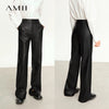 Minimalist PU Leather Casual Pants for Women Autumn Loose Floor Length Straight Slit Female Trousers 12343250
